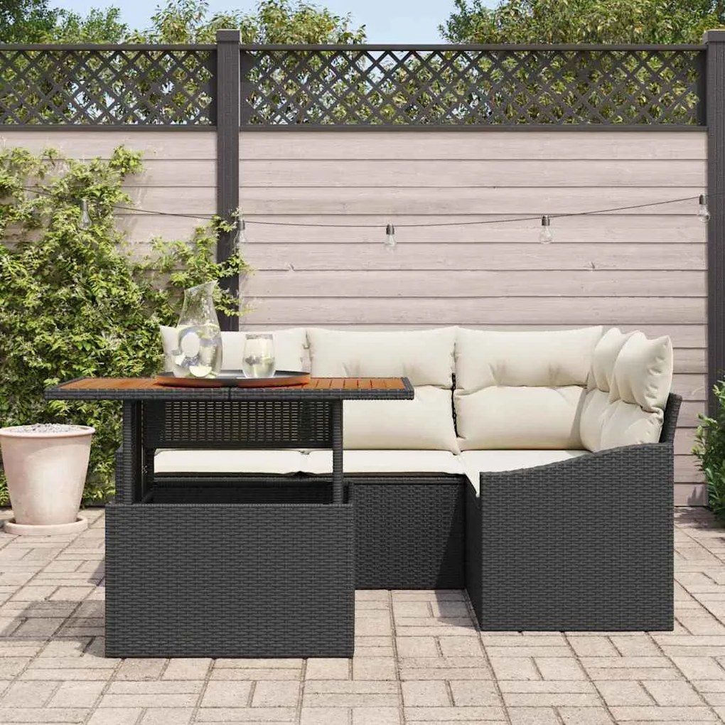 Conjunto de Jantar de Jardim de 5 Peças com Almofadas Pretas, Rattan e