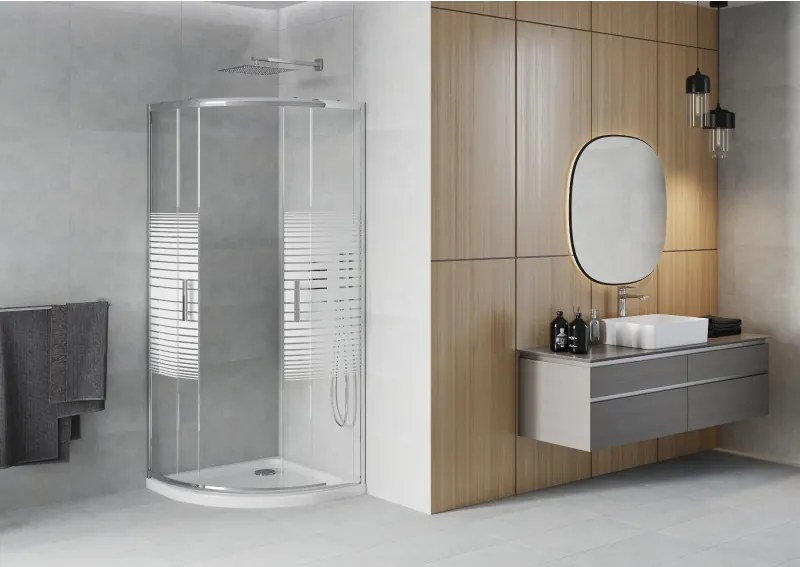 Mexen Rio cabine de duche semicircular 90 x 90 cm, faixas brancas, cromado + base Flat, branco - 863-090-090-01-20-4110