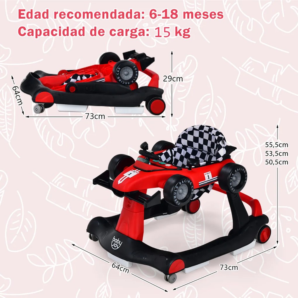 Andador 4 em 1 para crianças, dobrável, atividade de empurrar, com altura ajustável e carrilhão de velocidade com luzes, volante Vermelho