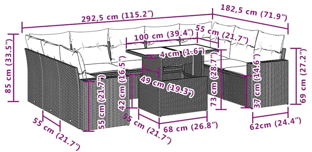 10 pcs conjunto sofás de jardim c/ almofadões vime PE preto