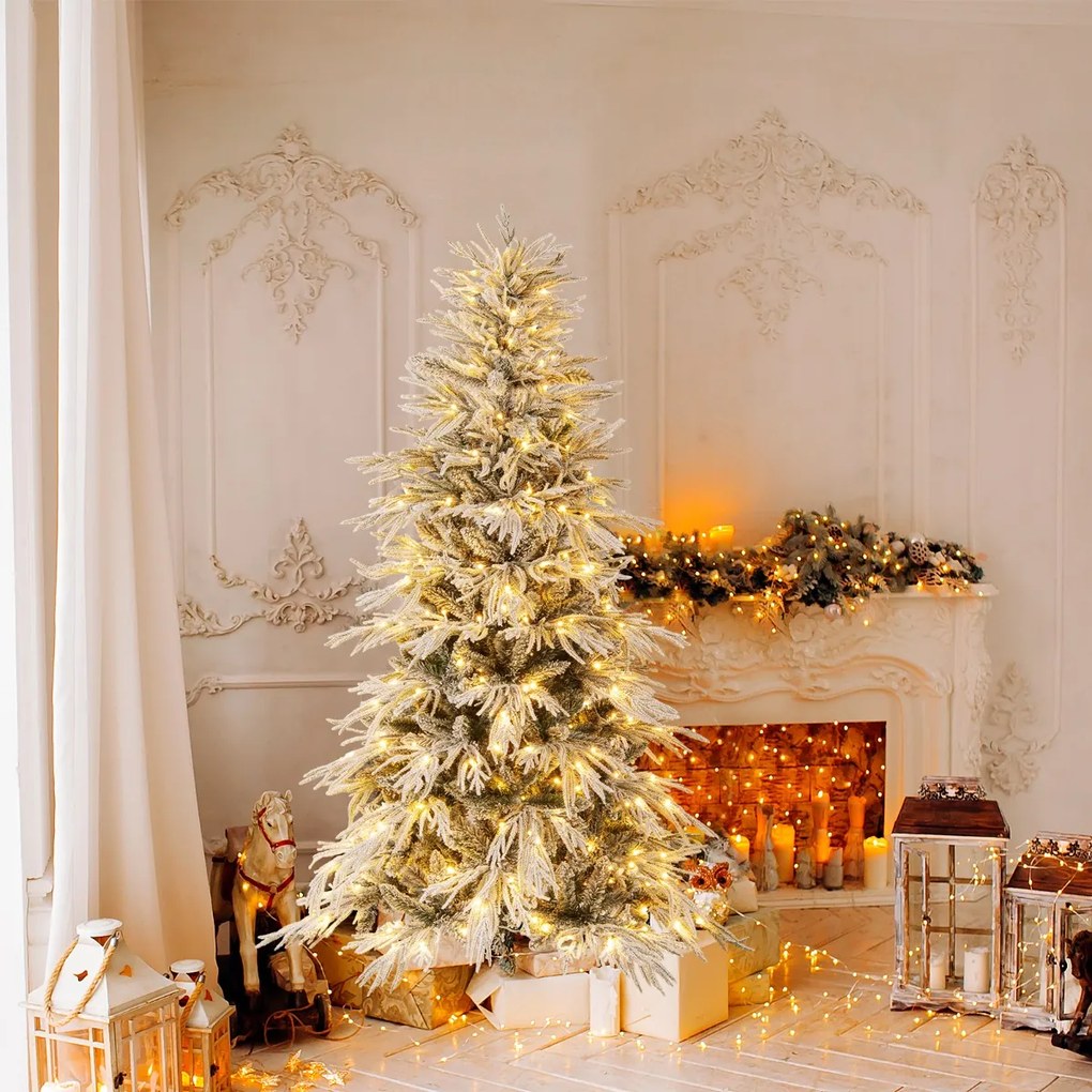 Árvore de Natal com neve 180 cm com luzes incorporadas 250 luzes LED brancas quentes 594 pontas de PVC e PE Verde e Branca