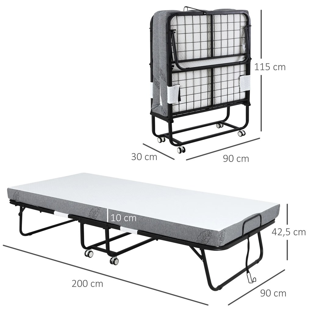 Cama Dobrável 200x90x42,5cm Cama de Campismo Portátil com Colchão Individual Rodas e Travões Carga Máxima 150kg Preta