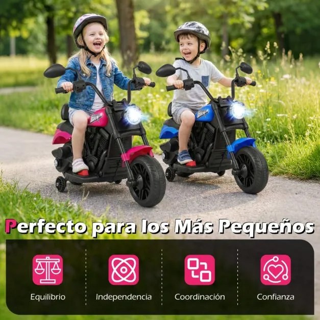 Mota elétrica infantil de 6 V com farol LED, música, 2 rodas, pedais de treino e espelhos retrovisores – a partir dos 18 meses – Preto + Rosa