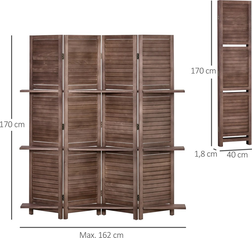 Biombo Dobrável de 4 Painéis de Madeira 162x170 cm Divisória de Ambiente com 3 Prateleiras Nogueira