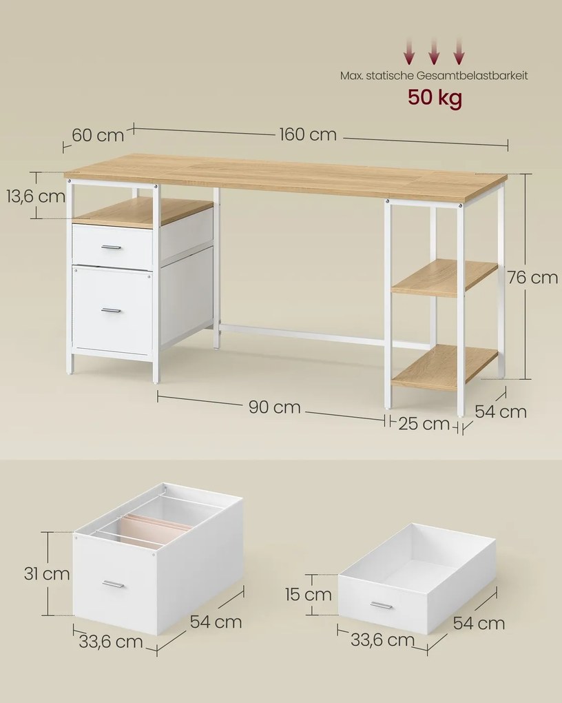 Secretaria para computador 160 x 60 x 76 cm com 3 prateleiras e 2 gavetas em cor de carvalho natural-branco nuvem