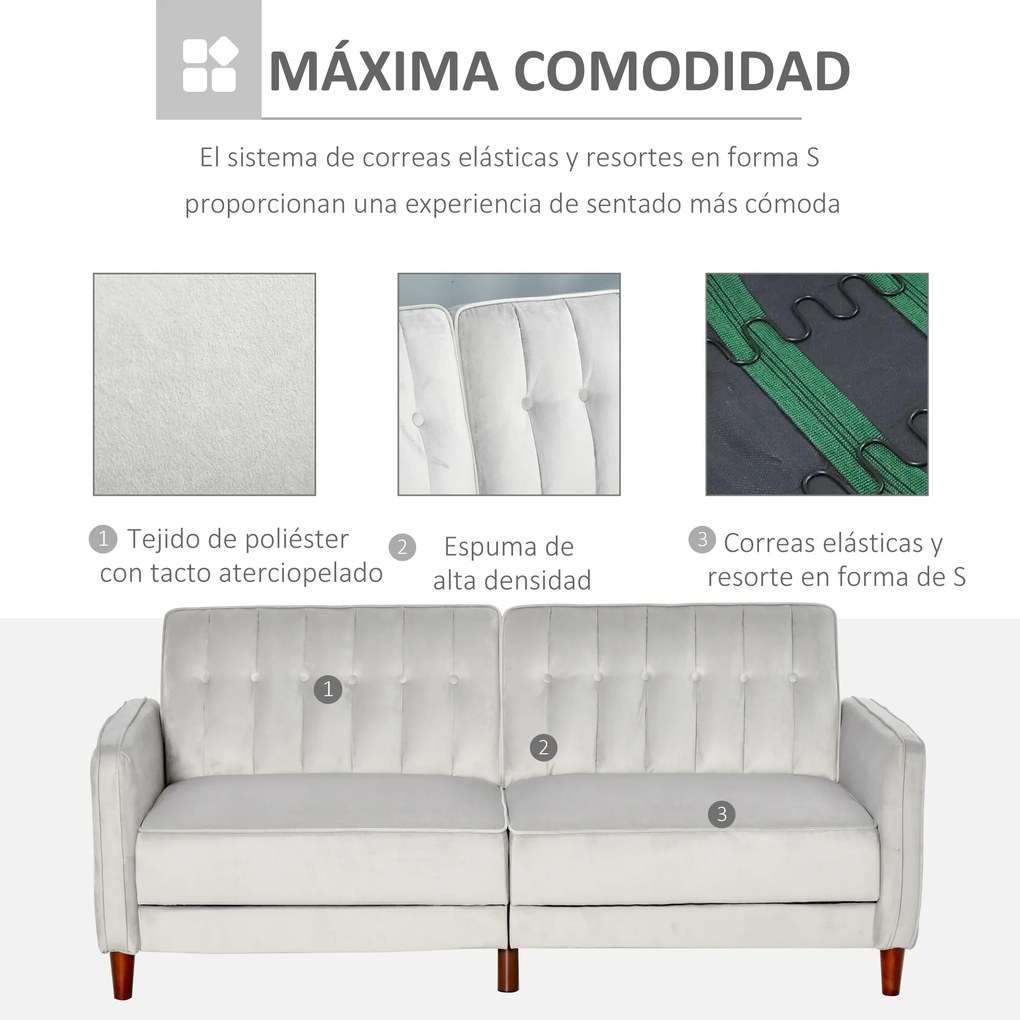 HOMCOM Sofá de 2 Lugares Convertível em Cama Estofado Aveludado com Encosto Ajustável e Pés de Madeira para Sala de Estar Escritório 189x81x83,5cm Cinza Claro