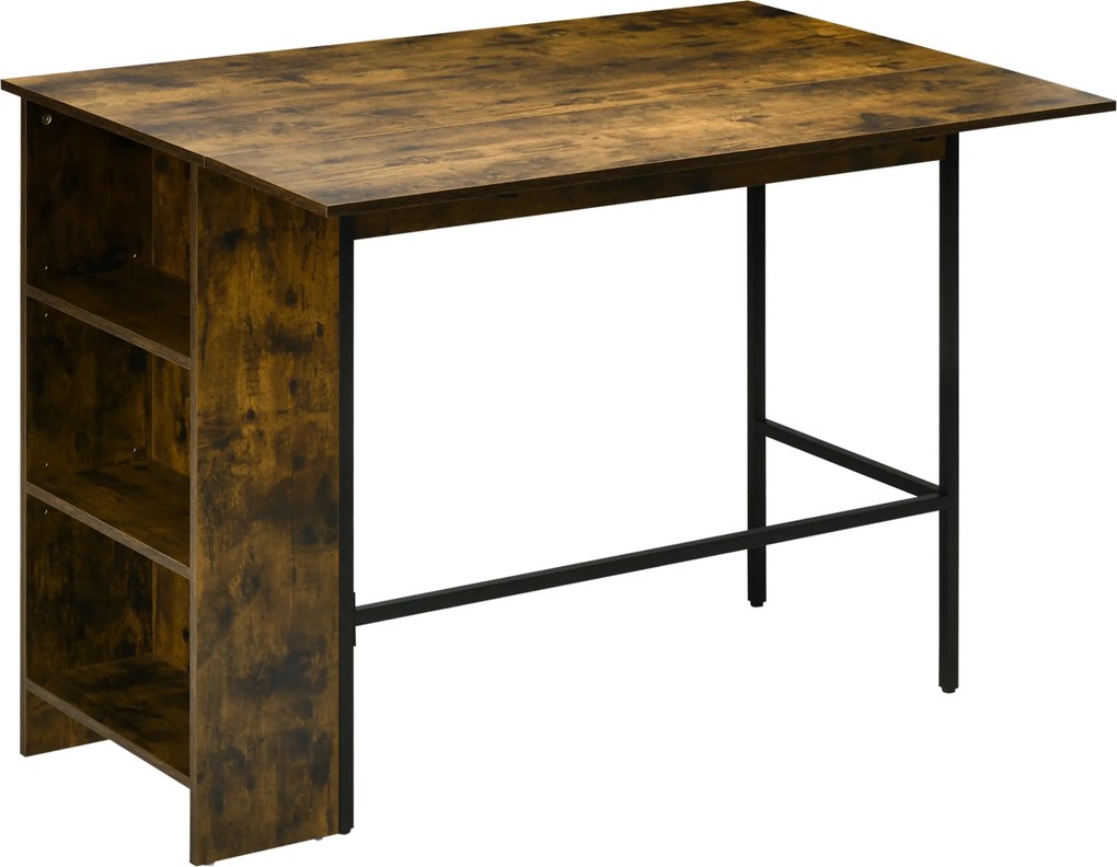 Mesa de bar com ilha central (BANCOS NÃO INCLUIDOS), tampo lateral rebatível e 3 prateleiras, 120 x 76 x 91,4 cm, castanho rústico