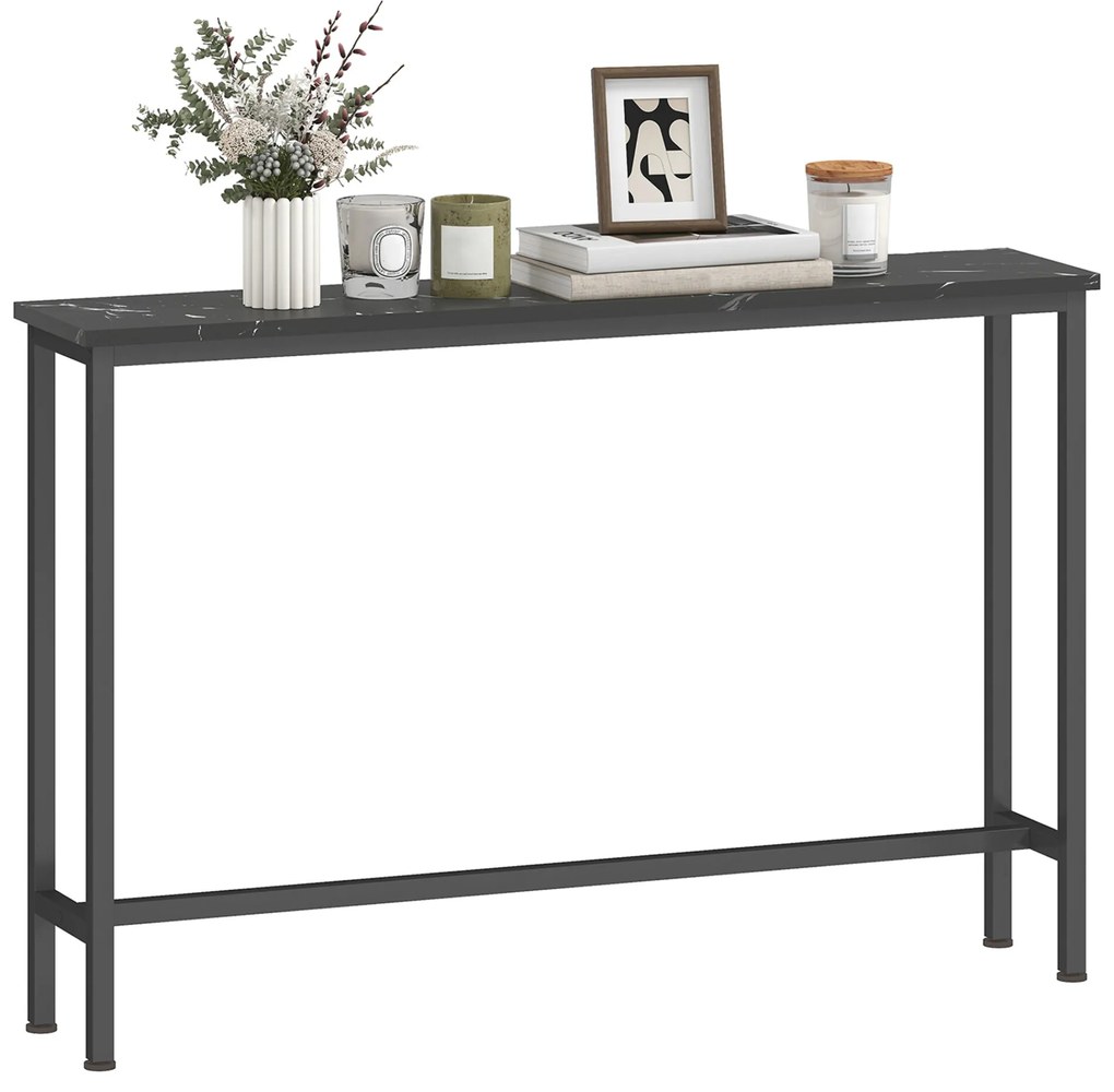 HOMCOM Mesa Consola Moderna Consola de Entrada Estreita Mesa de Sofá com Superfície com Efeito Mármore e Estrutura de Metal para Entrada Sala de Estar 100x20x66 cm Preto