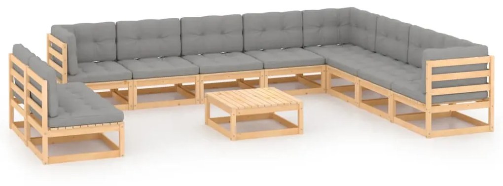 vidaXL 11 pcs conjunto lounge de jardim c/ almofadões pinho maciço