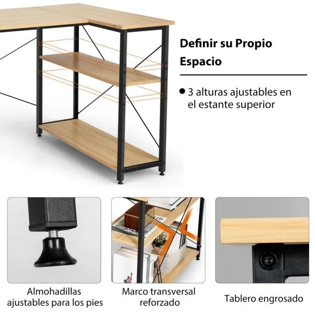 Secretária computador reversível em forma de L com Estantes para Escritório 120 x 88 x 74,5 cm Natural