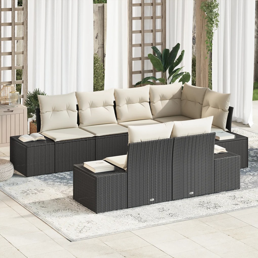 Conjunto de Sofá de Jardim de 7 Peças com Almofadas Preto Rattan Polié