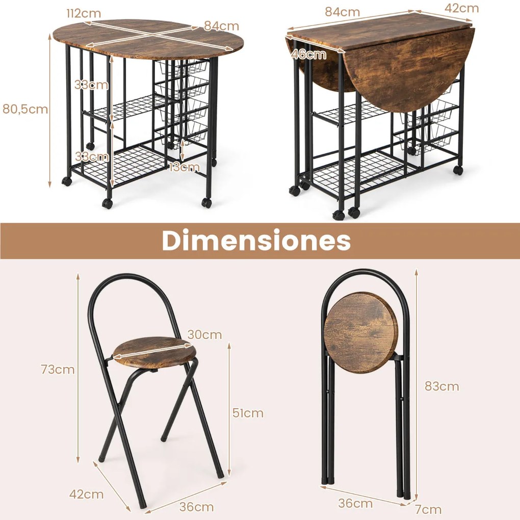 Conjunto de mesa e cadeiras dobráveis de 3 peças, mesa dobrável versátil com 2 prateleiras, 2 bancos para cozinha, sala de jantar, bar, Castanho Esc