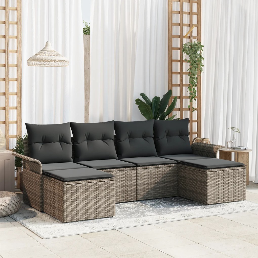 Conjunto de Sofá de Jardim 6 Peças com Almofadas Cinza Rattan PE