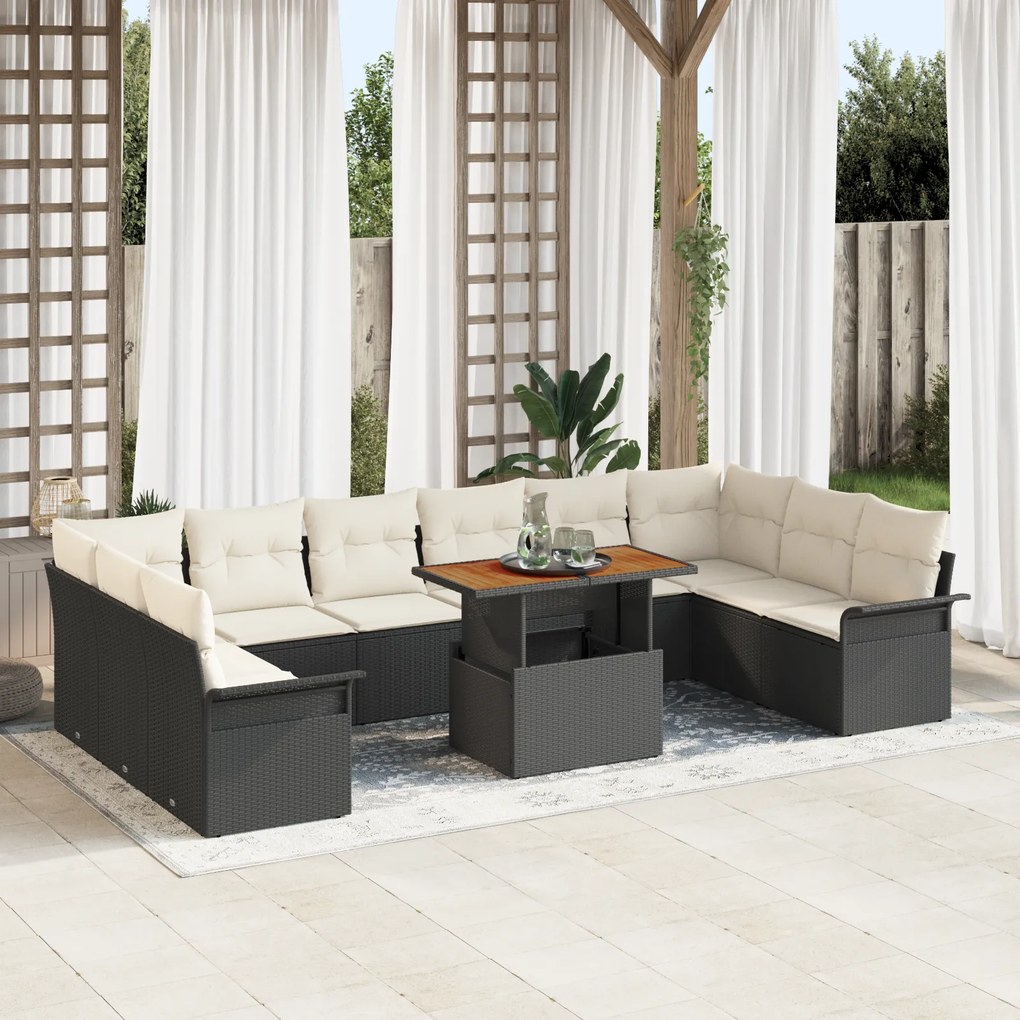 Conjunto de Sofás de Jardim vidaXL 11 Peças com Almofadas Preto Rattan
