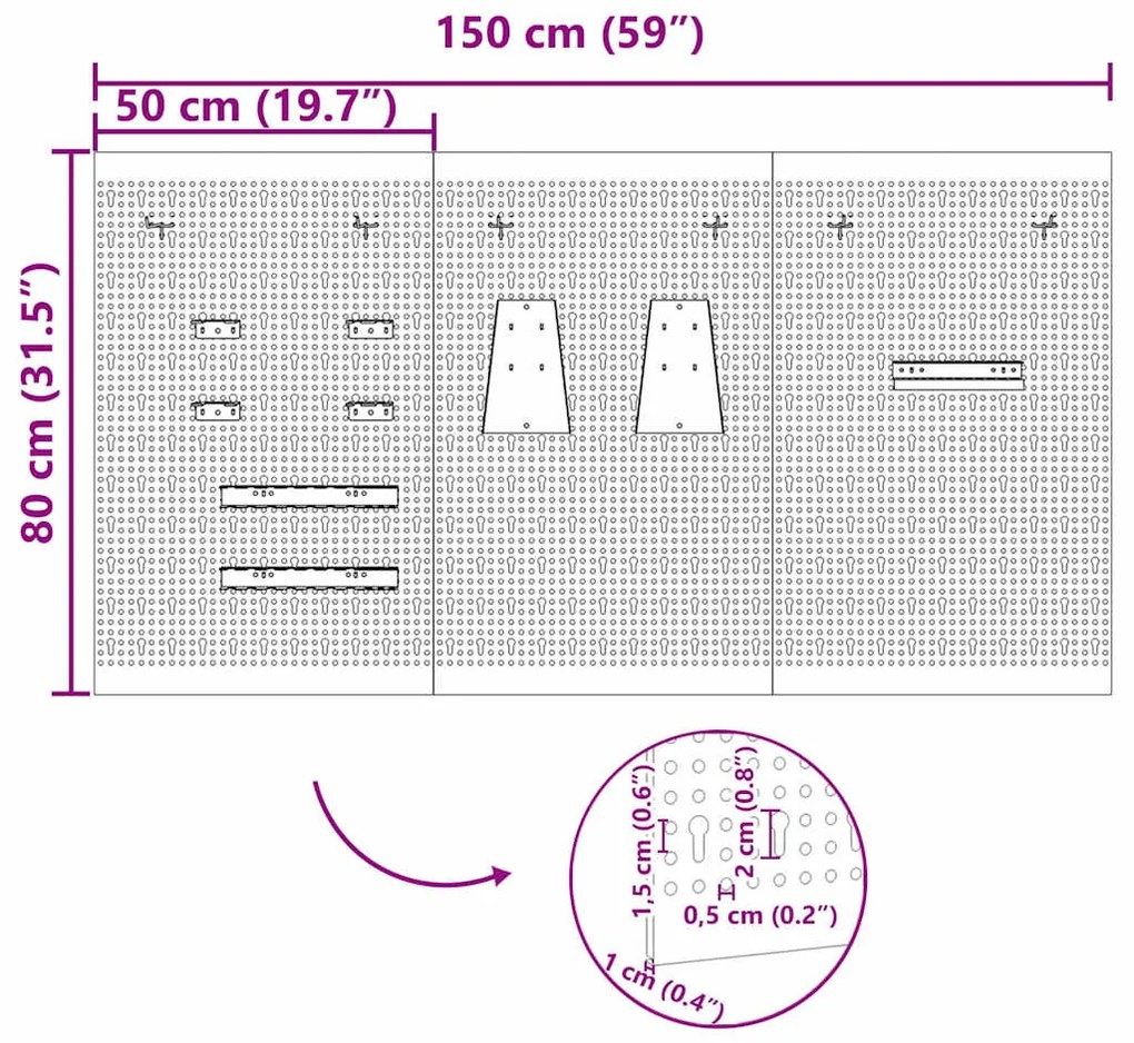 Painéis Perfurados 3 pcs com 15 Acessórios Cinza 50x80 cm Aço