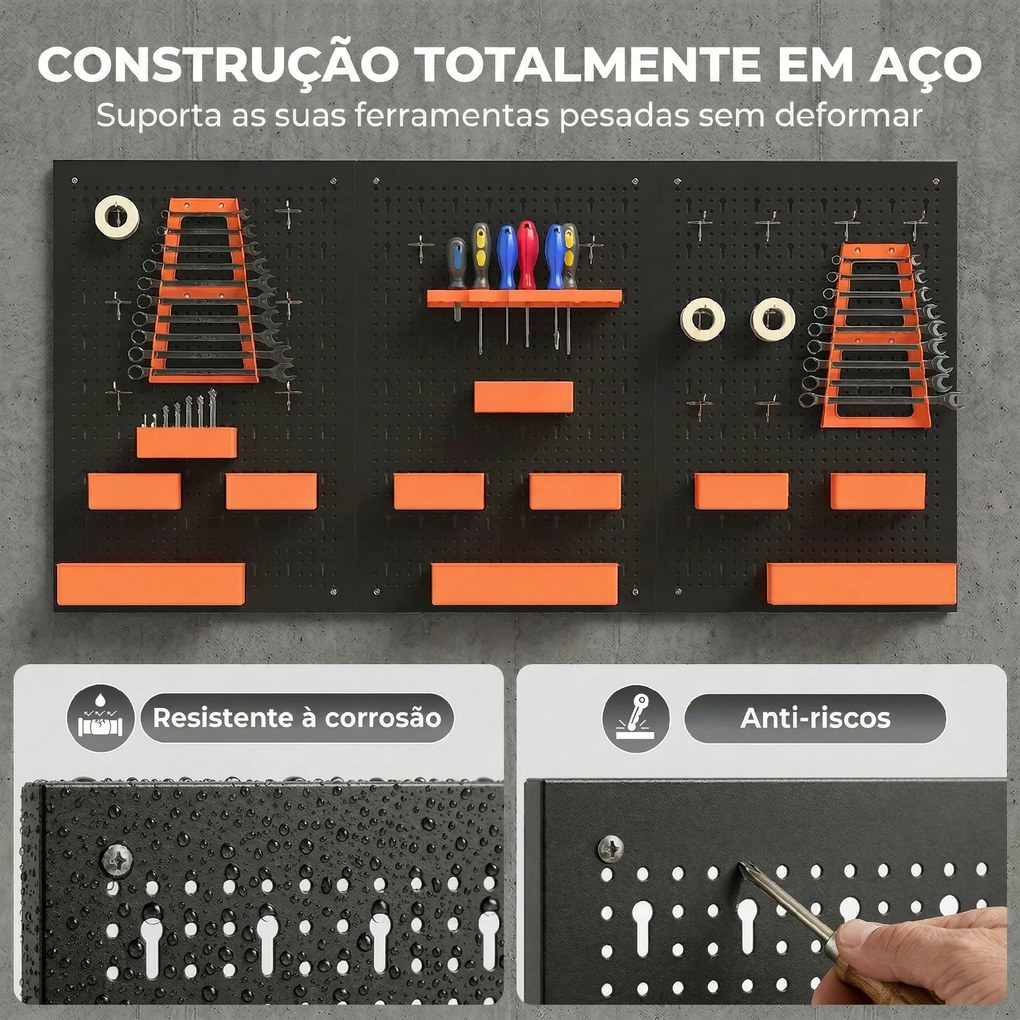 Organizador de Ferramentas de Parede de 33 Peças 120x60 cm com Ganchos Contentores e Prateleiras Preto e Laranja
