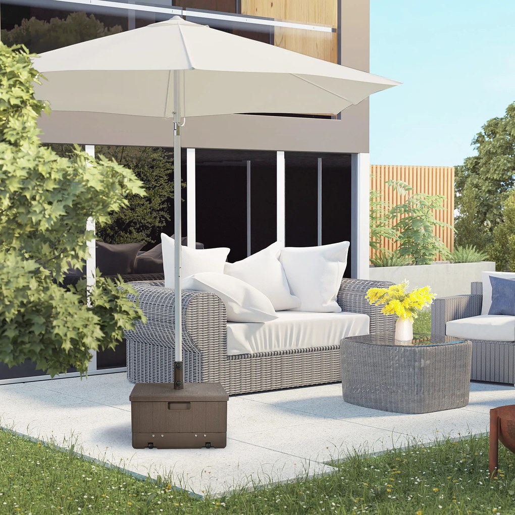 Base de peso para guarda-sol, mesa auxiliar, floreira com drenagem 53 x 53 x 47 cm DESIGN 3 EM 1, rodas, pegas em PE e metal castanho