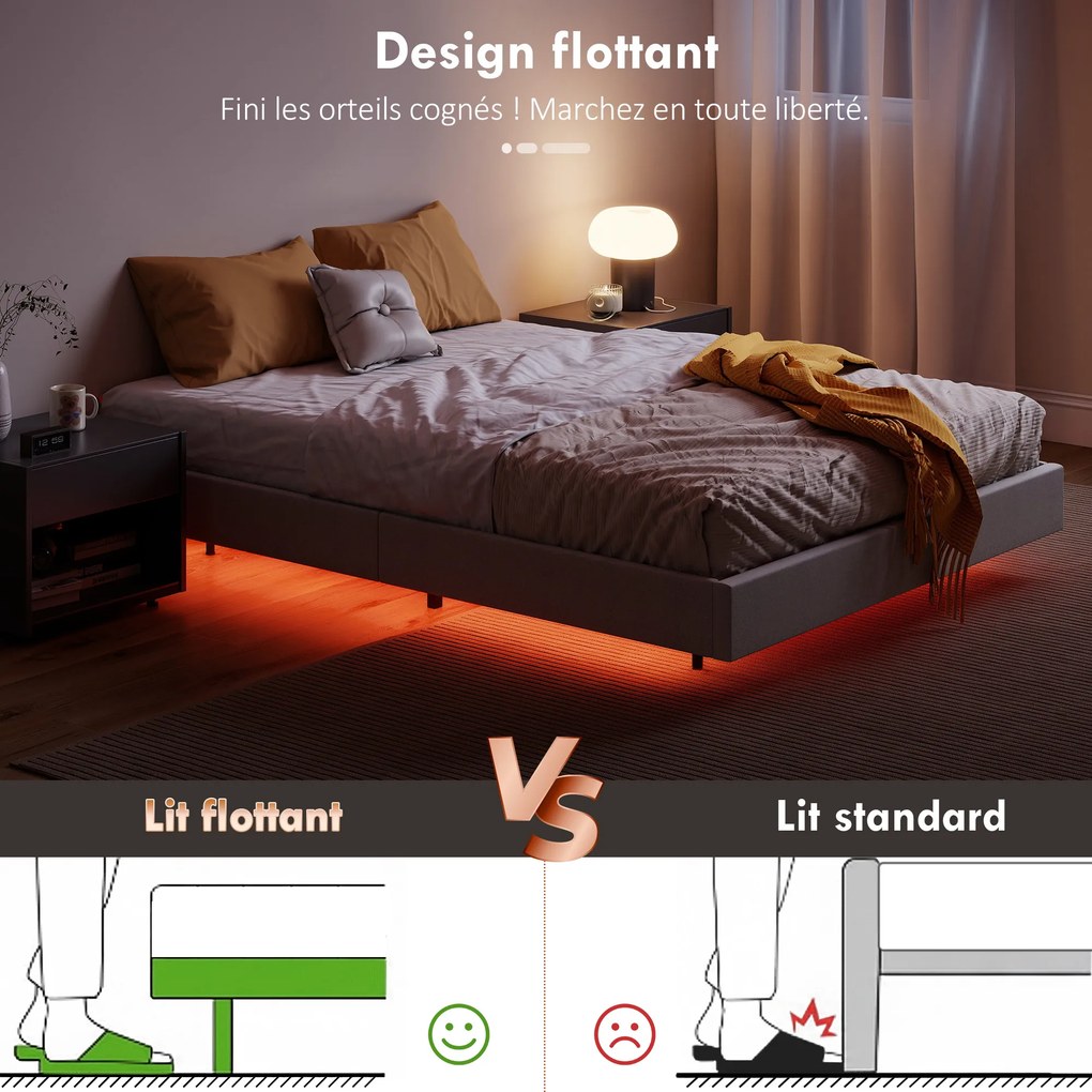 Estrutura de cama suspensa 140 x 190 cm com iluminação LED (COLCHÃO NÃO INCLUIDO), cama de casal estofada em linho, base de ripas de madeira, bege