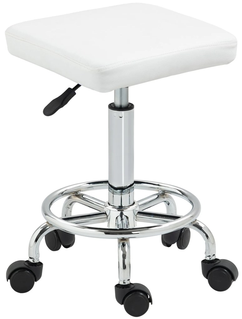 HOMCOM Banco Giratório com Rodas Altura Regulável 50-66 cm Assento Estofado em Imitação de Couro  34x34x50-66 cm Branco | Aosom Portugal