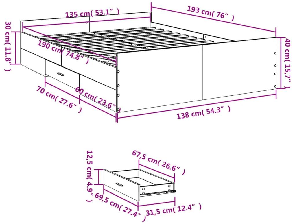 Estrutura de cama c/ gavetas 135x190 cm derivados madeira preto