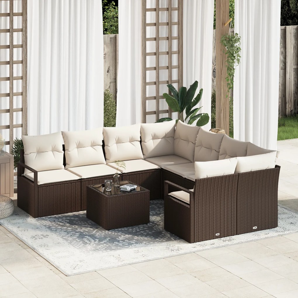 Conjunto de Sofá para Jardim com 9 Peças e Almofadas Castanho em Polir