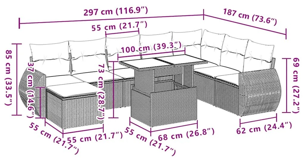 9 pcs conjunto sofás p/ jardim c/ almofadões vime PE castanho