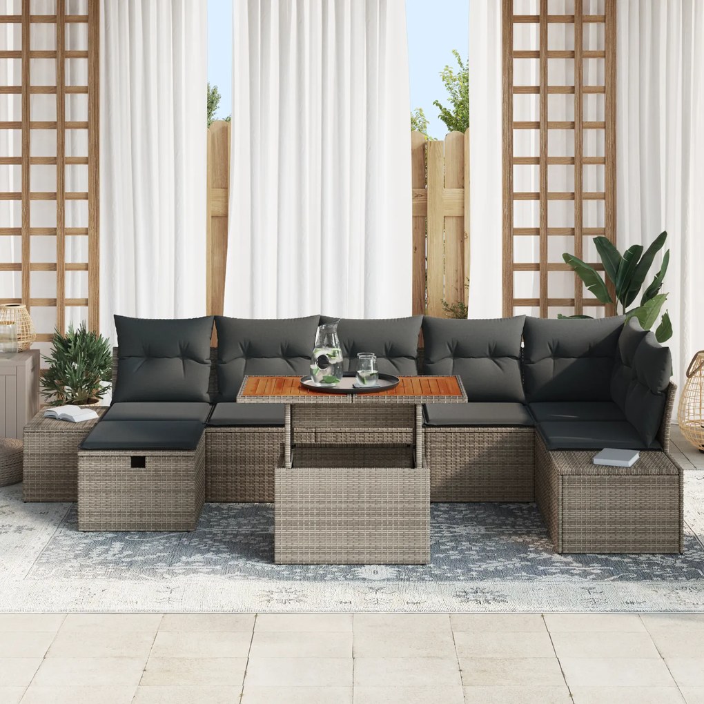 Conjunto de Sofás de Jardim de 8 Peças com Almofadas Cinza Rattan Poli