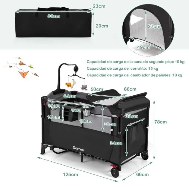 Berço para bebés 5 em 1 ajustável, convertível e dobrável, com trocador, rodas, brinquedos 125 x 65 x 78 cm Preto