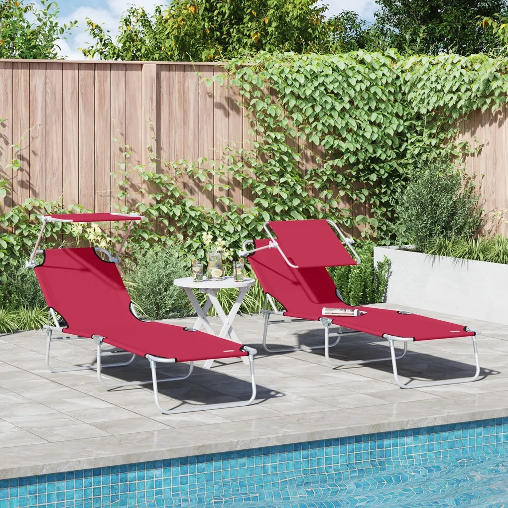 Espreguiçadeiras Dobráveis 2 pcs com Toldo Vermelho Tecido Oxford 600D