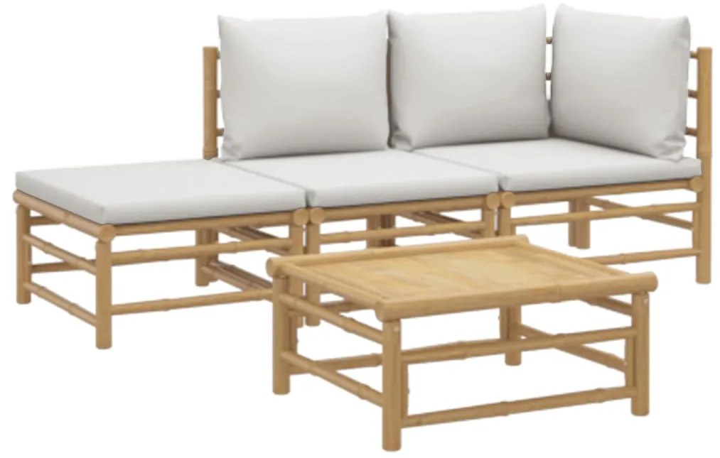 4 pcs conj. lounge de jardim bambu c/ almofadões cinzento-claro