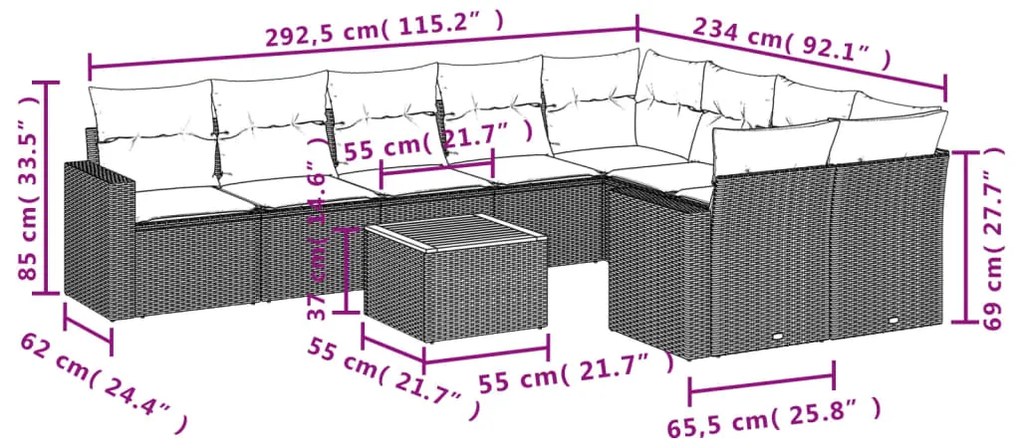 10 pcs conjunto sofás de jardim c/ almofadões vime PE cinzento