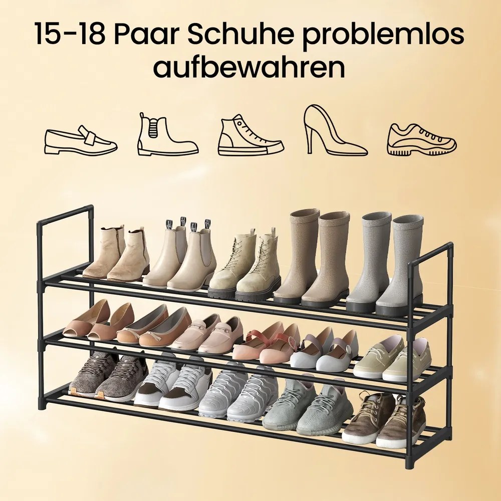 Sapateira com 3 níveis metálica 30 x 116 x 55 cm para sapatos preta