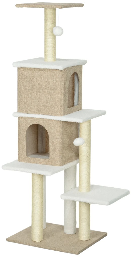 PawHut Arranhador para Gatos em Borrego com 2 Cavernas Plataformas Bolas Suspensas e Poste de Sisal 48x40x140 cm Marrom Claro