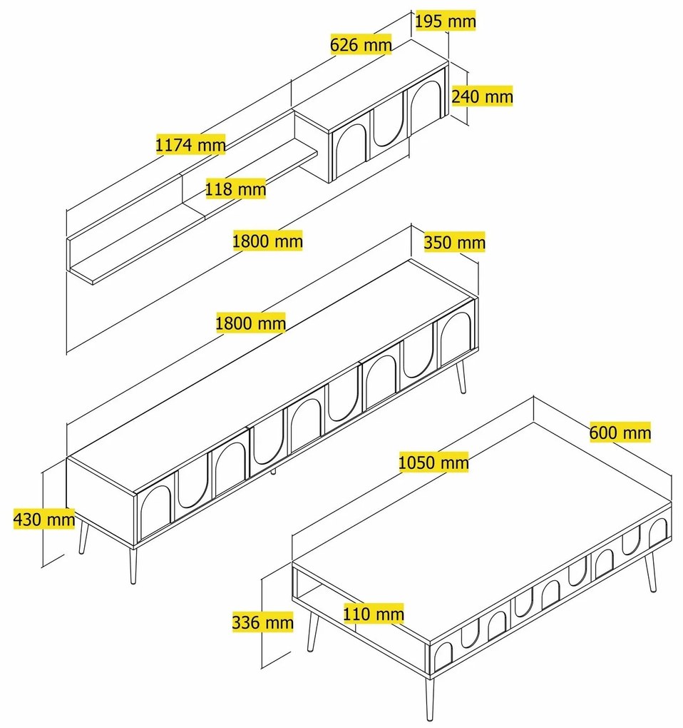 Conjunto de Mobiliário de Sala Lyon – Atlas Gold – Medidas Variadas