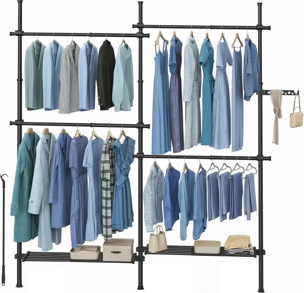 Guarda Roupa de 3 níveis, ajustável em altura e largura aberto com 4 varões e 2 prateleiras 33,5 x (162-238) x (220-300) cm preto