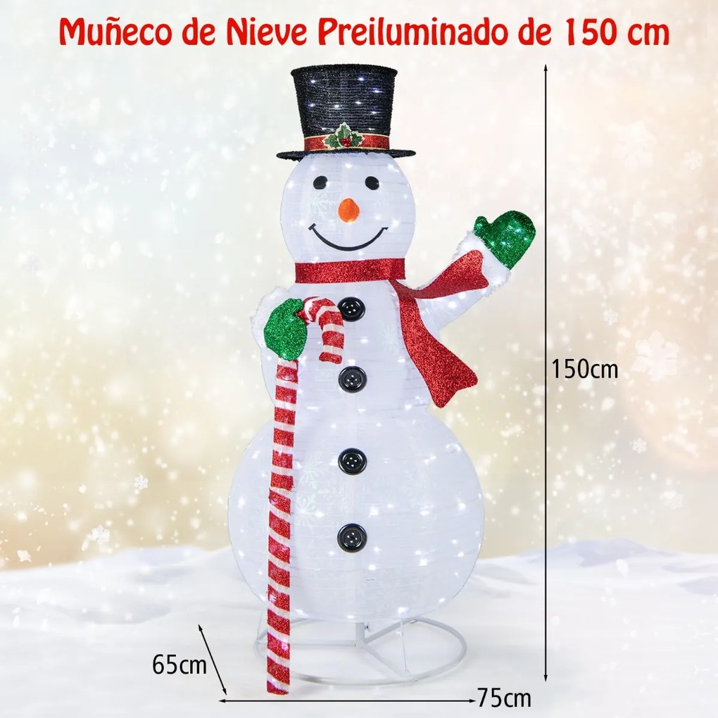 Decoração natal de boneco de neve de 150 cm com 180 luzes LED Chapéu e cachecol de festa