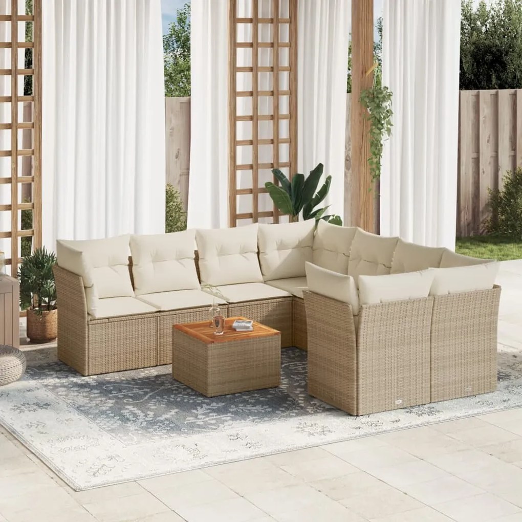 vidaXL 9 pcs conjunto de sofás p/ jardim com almofadões vime PE bege