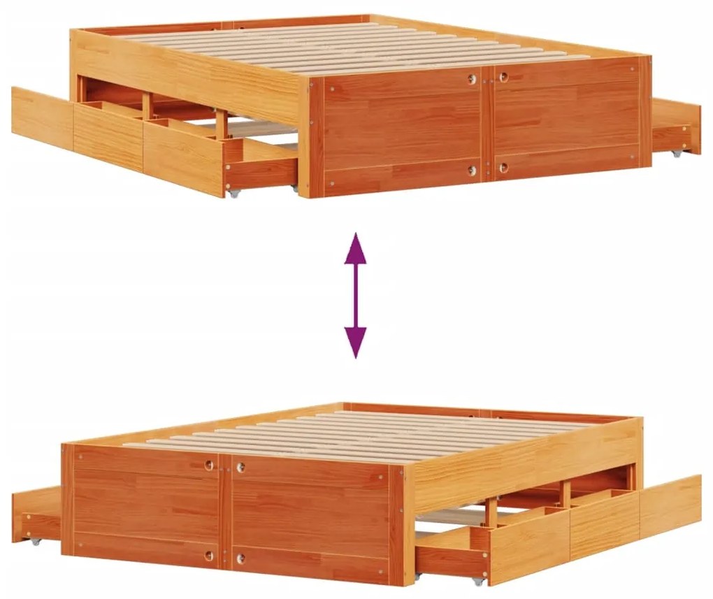 Cama sem colchão com gavetas madeira pinho maciça castanho-mel