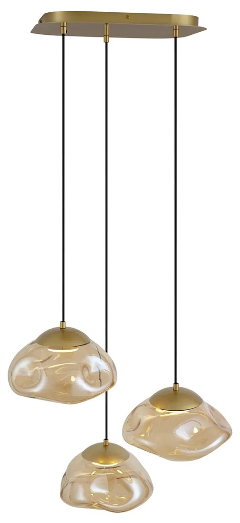 Candeeiro suspenso Hotel Chic latão com vidro âmbar 3 luzes - Gus Chique de hotel