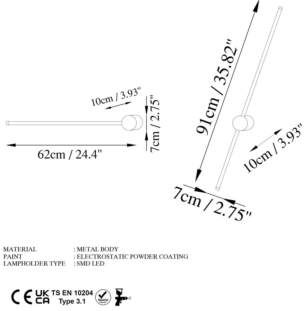 Lâmpada de Parede Sword - Cinzenta - Largura: 91 cm, Altura: 10 cm, Pr