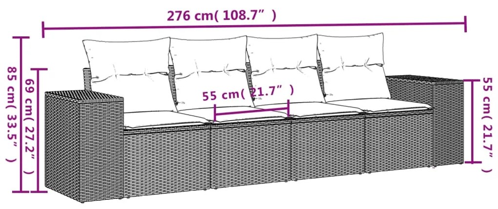 4 pcs conjunto sofás de jardim c/ almofadões vime PE castanho