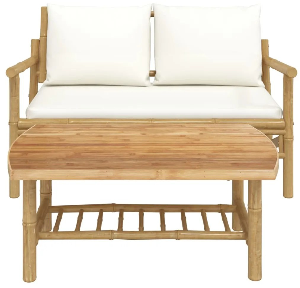 2 pcs conjunto lounge de jardim bambu c/ almofadões branco nata