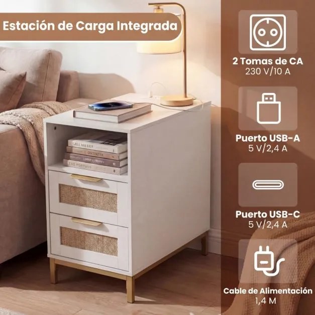 Conjunto de 2 mesas de cabeceira em rattan 60 x 35 x 61 cm com estação de carregamento e 2 gavetas estilo boho com armazenamento aberto branco e doura