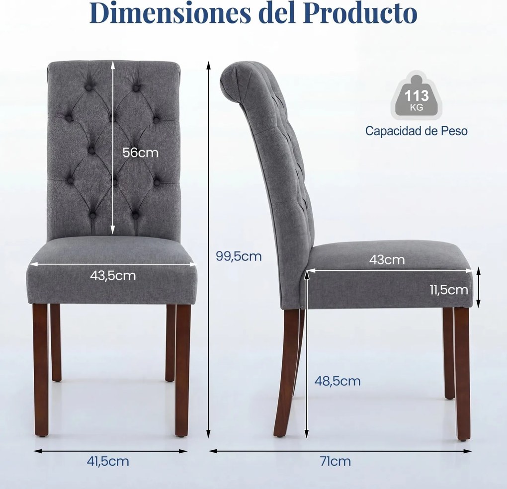 Conjunto de 2 Cadeiras de Sala de Jantar, 71 x 41,5 x 99,5 cm, Encosto Alto, Cinzento