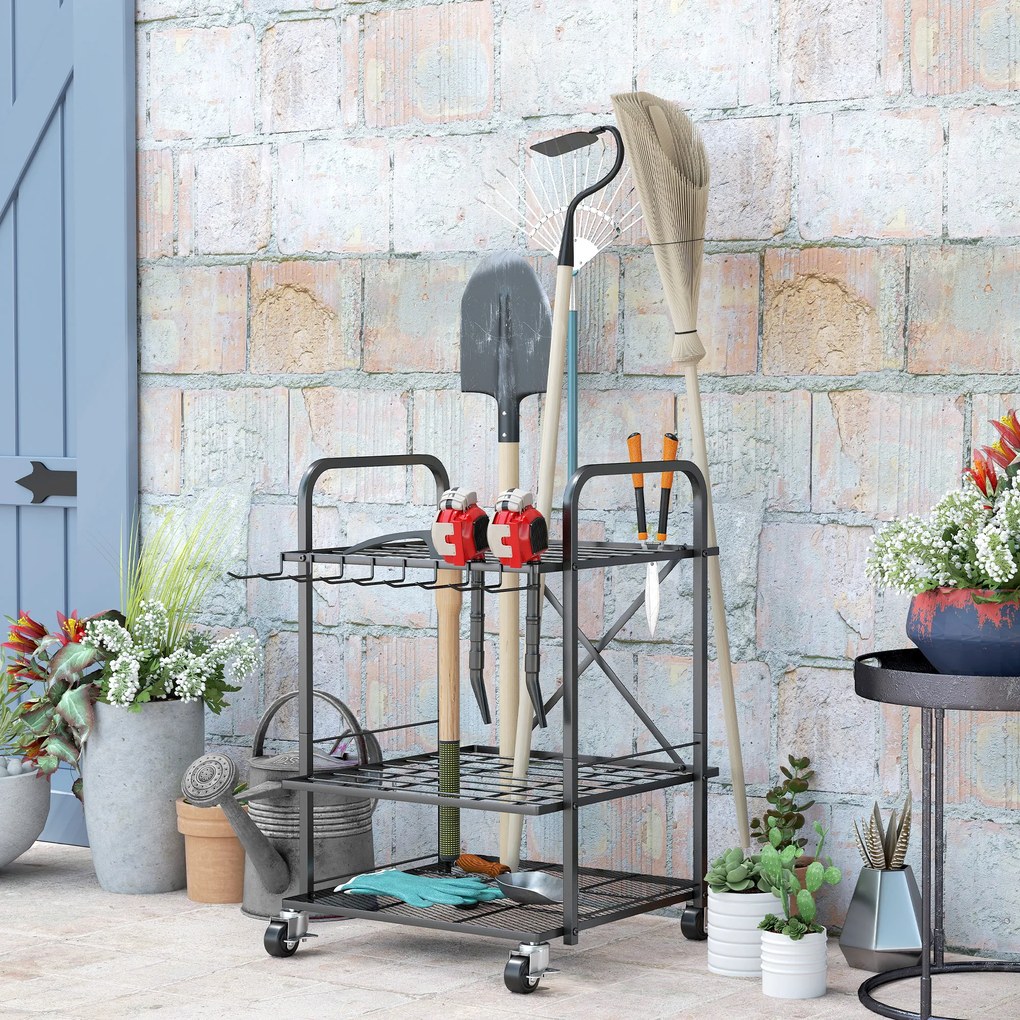 Organizador de ferramentas de jardim, suporte para ferramentas de jardim com 40 compartimentos em 2 níveis e rodas, 57 x 48 x 70 cm, preto