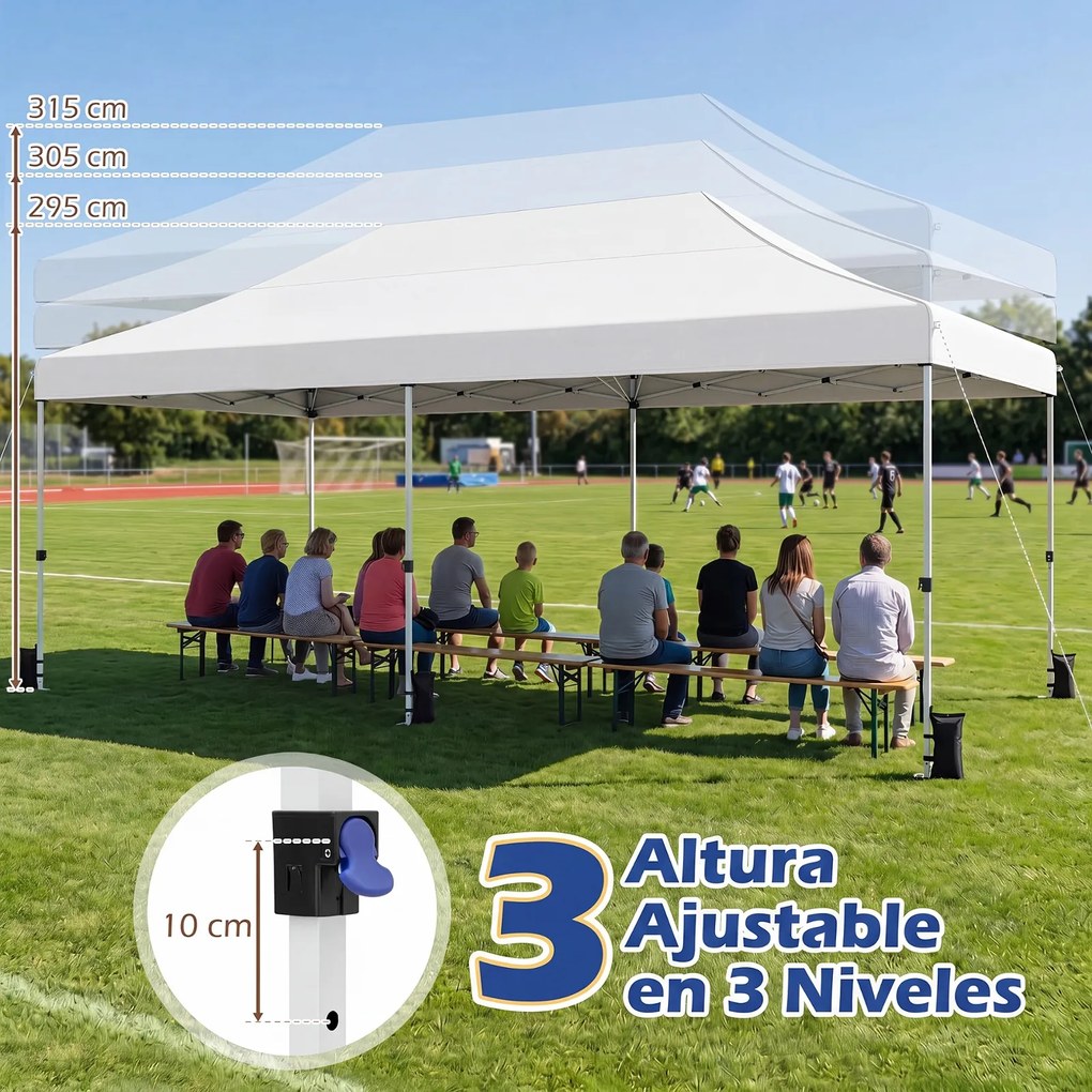 Tenda de Jardim Dobrável com 6 pesos, 600 x 300 x 310 cm, 4 Paredes Laterais Removíveis, Branco