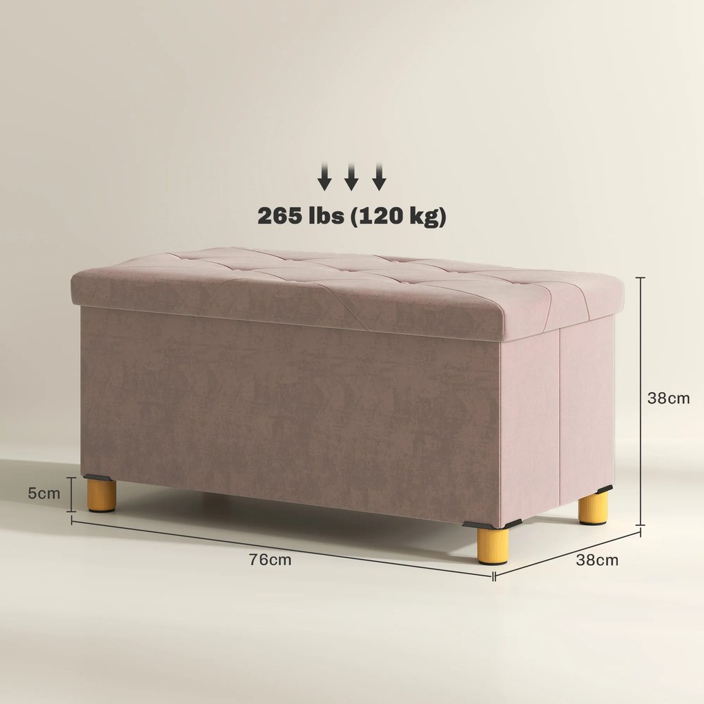 Banco de Armazenamento Dobrável Capacidade de 67 L  Estofado em Veludo Carga 120 kg 76x38x38 cm Rosa Claro