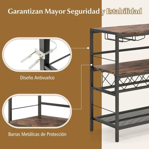 Garrafeira de vinhos de 4 níveis 104 cm Mesa de bar de vinhos com arrumação e 4 filas para copos Estante de vinhos para cozinha Castanho