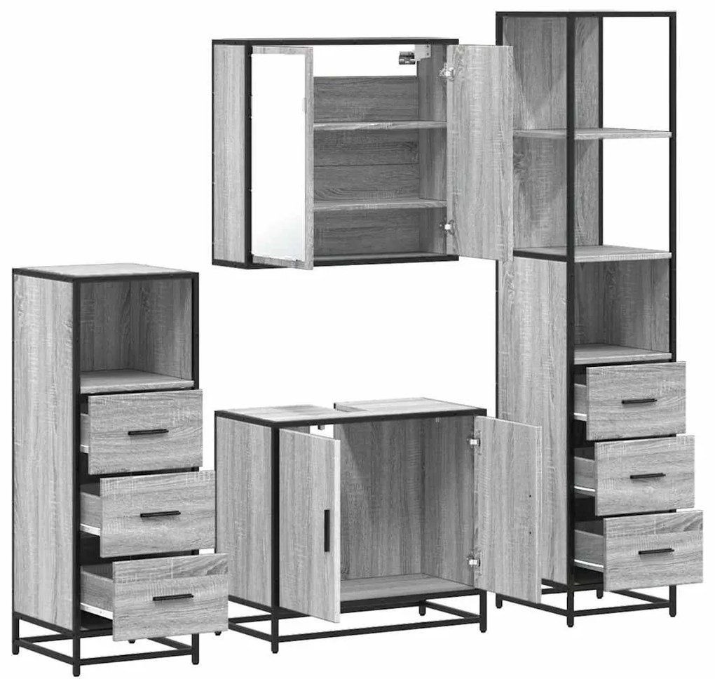 4 pcs Conjunto móveis casa de banho madeira proc. cinza sonoma