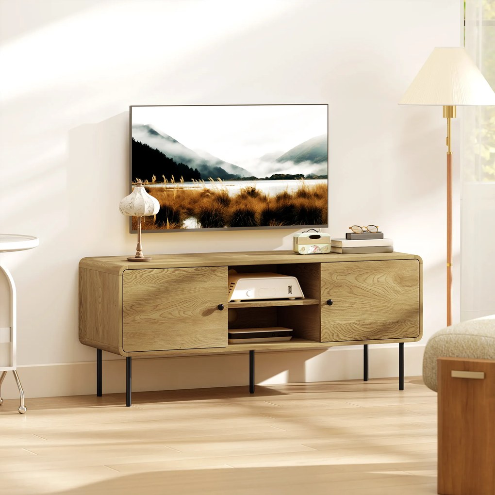Móvel para televisão 120 x 40 x 50 cm, com capacidade para ecrãs até 55 polegadas, com 2 portas, 2 compartimentos abertos, pés em aço, cor carvalho